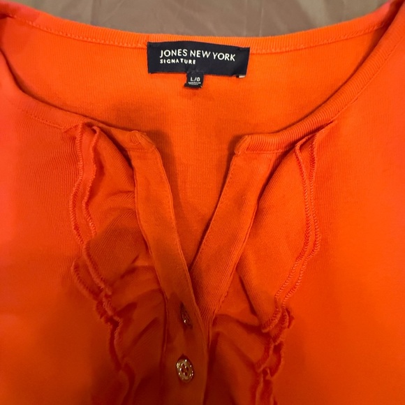 Jones New York Orange and Gold Button Ruffle Neck 3/4 Sleeve Top Size Large - Picture 2 of 8